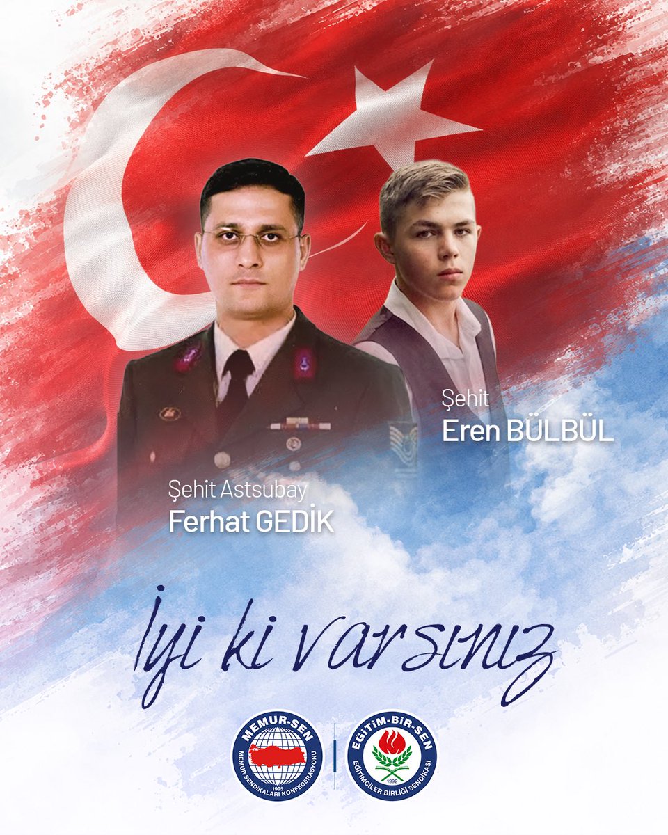 EgitimBirSen's tweet photo. Karadeniz’in yiğit evladı Eren Bülbül’ü ve Astsubay Ferhat Gedik’i şehadetlerinin 9’uncu seneidevriyesinde rahmetle anıyoruz.

Asker, polis, öğretmen, doktor ve sayısız vatandaşımızı katleden terör örgütlerinin kökü kurusun.

Bin yıllık Birlik ve Kardeşliğimiz Var Olsun.

#İyikiVarsınEren #BinYıllıkKardeşlik