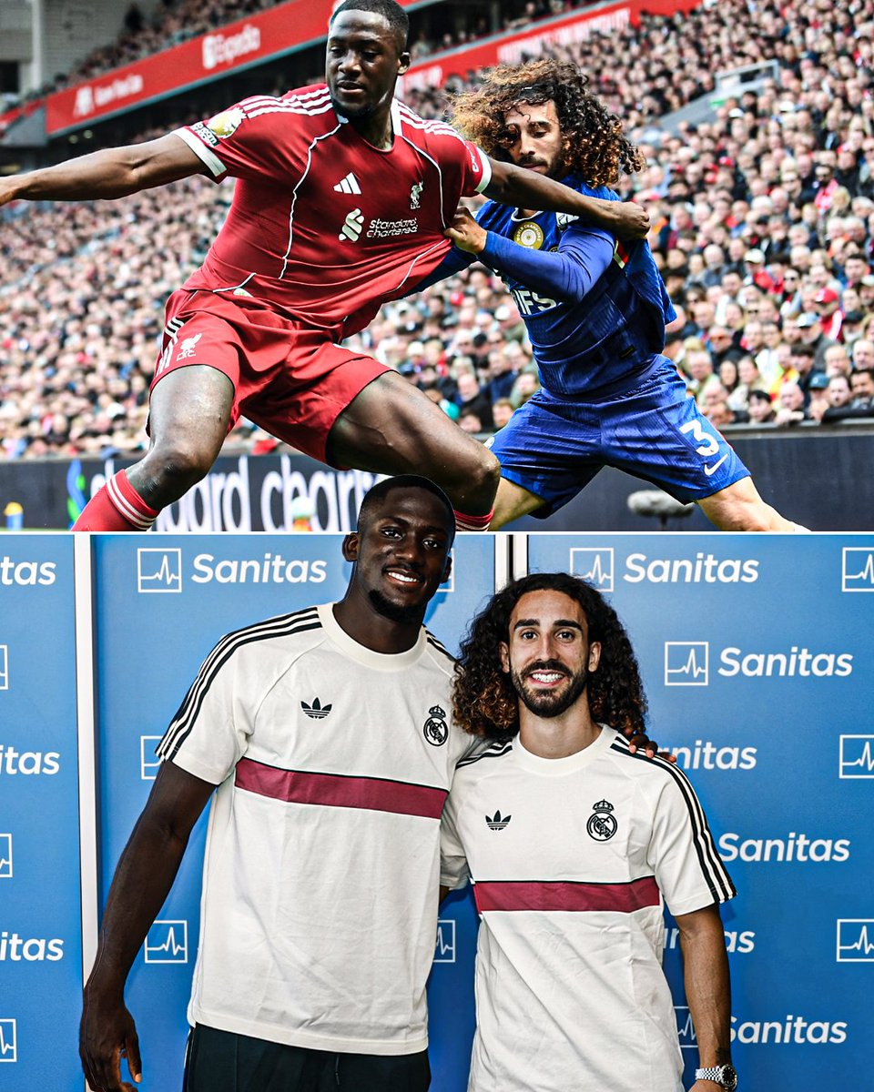 ESPNUK's tweet photo. Ibrahima Konate and Marc Cucurella went from Premier League rivals to Real Madrid teammates in months 😅🤝 https://t.co/58gkx5G7VU