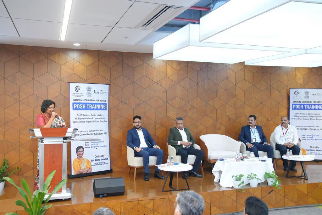 NCWIndia's tweet photo. 📍 TCS Campus, Bengaluru | 10 August 2026

Under the guidance of NCW Chairperson Smt. Vijaya Rahatkar, NCW, in collaboration with TCS, conducted a PoSH training workshop for Internal Committee (IC) members and senior HR representatives from TCS’s Southern offices.

With 150+ participants from six regional centres—Bengaluru, Chennai, Coimbatore, Kochi, Thiruvananthapuram and Visakhapatnam—the workshop addressed practical challenges, key provisions of the PoSH Act and queries faced by IC members.

NCW will conduct such training programmes in phases for IC members across TCS offices nationwide, strengthening effective, fair and time-bound mechanisms to prevent and address workplace sexual harassment.

#NCW #PoSH #SafeWorkplaces #WomenEmpowerment