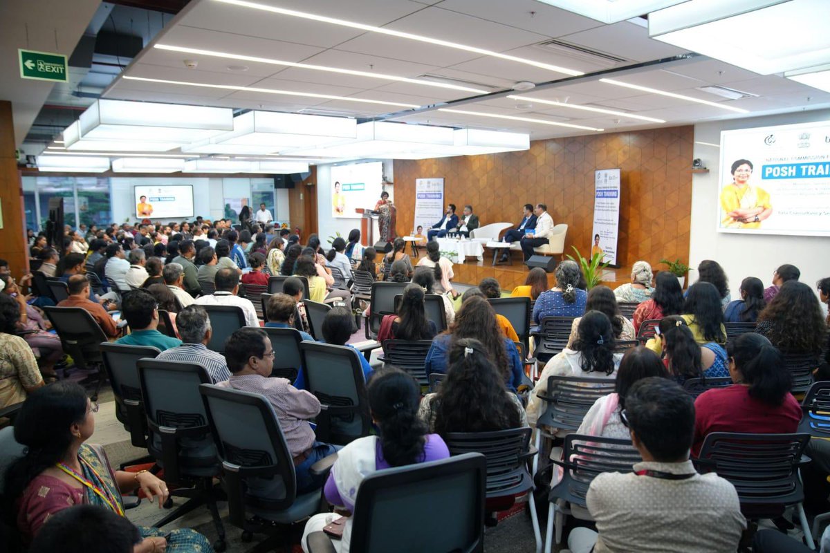 NCWIndia's tweet photo. 📍 TCS Campus, Bengaluru | 10 August 2026

Under the guidance of NCW Chairperson Smt. Vijaya Rahatkar, NCW, in collaboration with TCS, conducted a PoSH training workshop for Internal Committee (IC) members and senior HR representatives from TCS’s Southern offices.

With 150+ participants from six regional centres—Bengaluru, Chennai, Coimbatore, Kochi, Thiruvananthapuram and Visakhapatnam—the workshop addressed practical challenges, key provisions of the PoSH Act and queries faced by IC members.

NCW will conduct such training programmes in phases for IC members across TCS offices nationwide, strengthening effective, fair and time-bound mechanisms to prevent and address workplace sexual harassment.

#NCW #PoSH #SafeWorkplaces #WomenEmpowerment