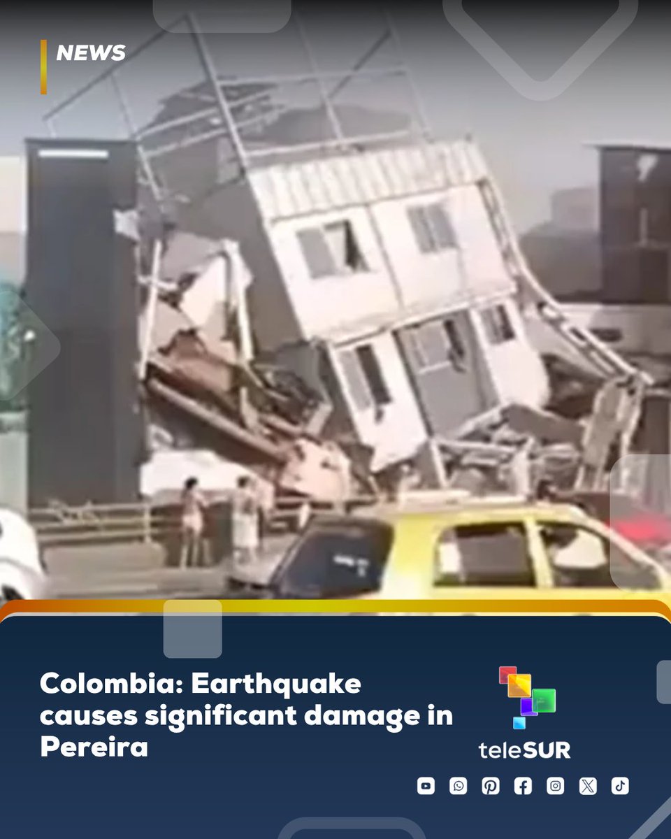 telesurenglish's tweet photo. The magnitude 7.4 earthquake that shook much of Colombia on Monday caused significant material damage in Pereira, the capital of the department of Risaralda. The earthquake, which occurred at 7:34 a.m. local time, was centered in the town of San Jose del Palmar in Choco at a depth of 82 kilometers, the Colombian Geological Service (SGC) said.

At Matecaña International Airport, part of the roof in an area where several people were located fell, though authorities still have no information on injuries or fatalities.

Videos show the central spire of the San Jose de Pereira church breaking off. At the same time, several people on the street held onto a police motorcycle and other nearby objects as the tremor shook them, amid chaos and confusion among passersby and residents.

Another video recorded in Pereira shows part of a hotel’s facade being destroyed during the earthquake, while the person recording the images says those at the location are safe.

In Manizales, the capital of the department of Caldas, serious damage was also reported, including building collapses. At the same time, the cathedral suffered damage to one of its two towers, which gave way but did not collapse.

#Colombia #Earthquake #Pereira #ColombiaEarthquake #teleSUREnglish
