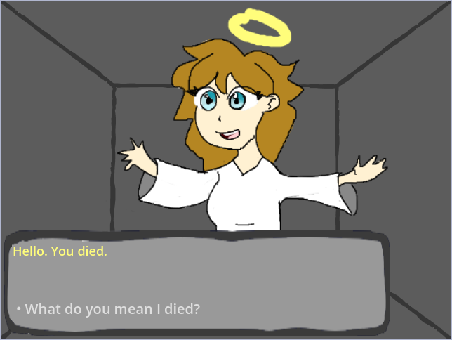 Godzilligan's tweet photo. Instead of finishing Harper this past weekend I instead decided to participate in Lame Jam 65 and make a game  titled "I was reborn into a new world and now I spend money for a goddess's help to escape my debt (also she's a little deaf?)" #GameDevs https://t.co/qRp0UmlkNO