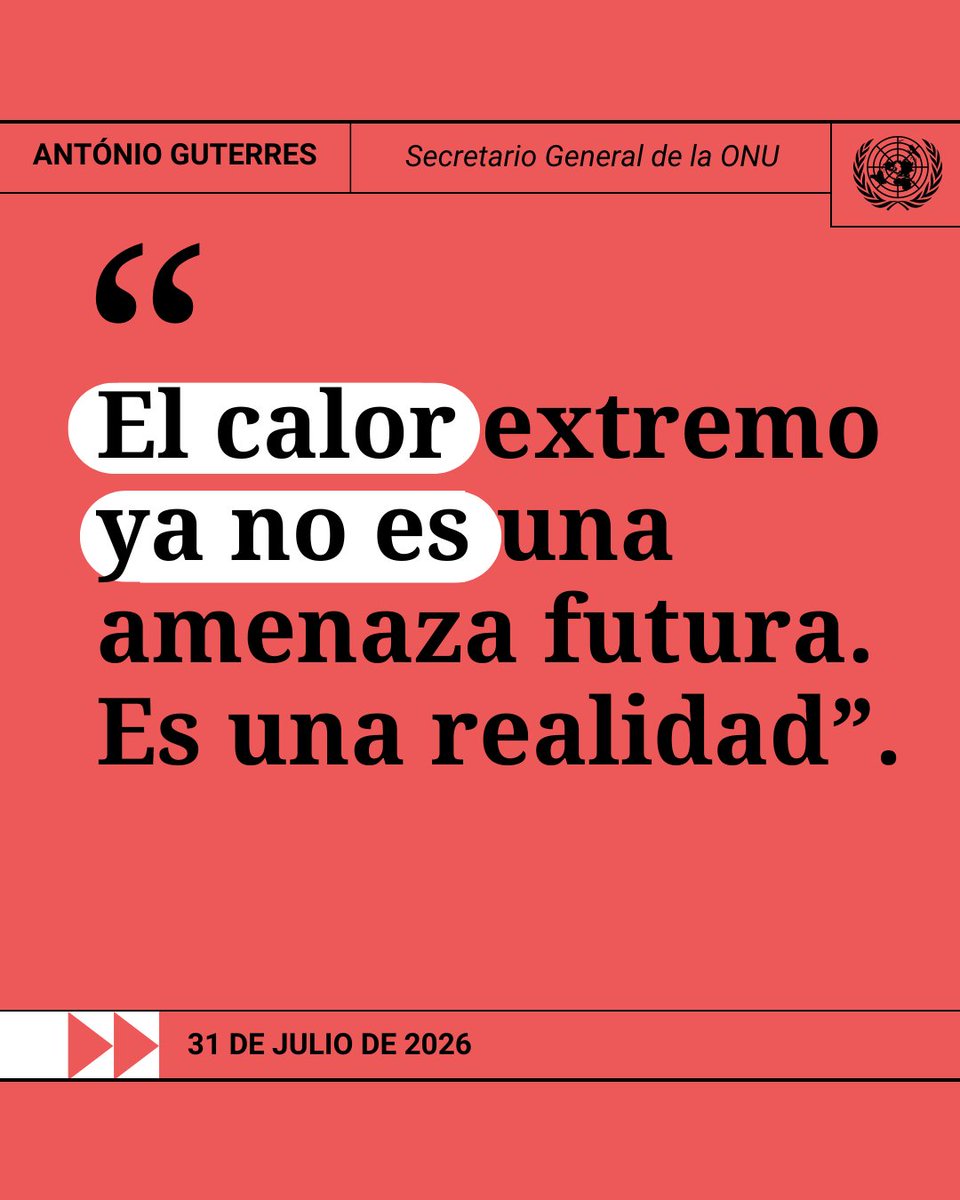 ONU_es's tweet photo. El calor extremo no es una amenaza del futuro. Ya está poniendo vidas en riesgo.

@antonioguterres advierte que fenómenos como El Niño, agravados por el cambio climático, están llevando las temperaturas a nuevos extremos.

Actuar frente a la crisis climática no puede esperar. https://t.co/A0RXAE6t0s