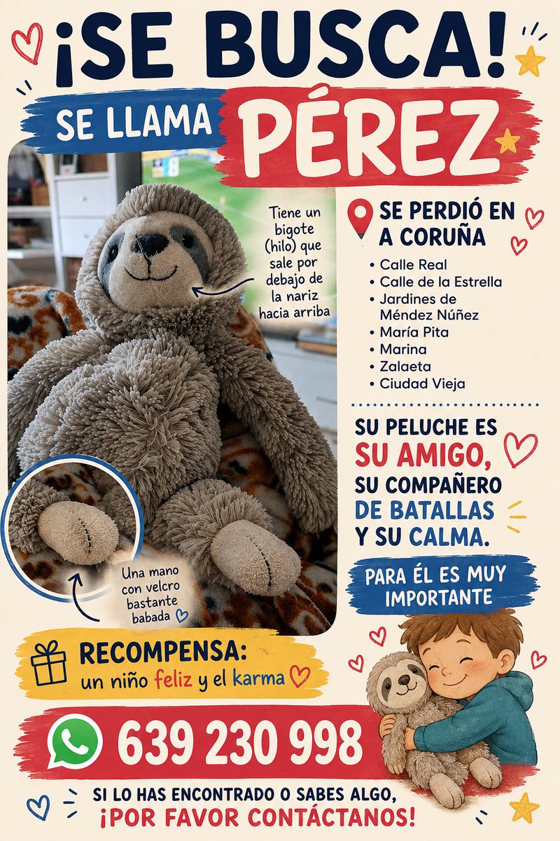 Ananytaaa's tweet photo. Hola, por favor necesito vuestr ayuda, hoy lunes, mi hijo de 2 años y medio a perdido su peluche, y es importantísimo encontrarlo, en el cartel ya pone zonas de #Coruña X haz tu magia! https://t.co/qzIO8l9hZV