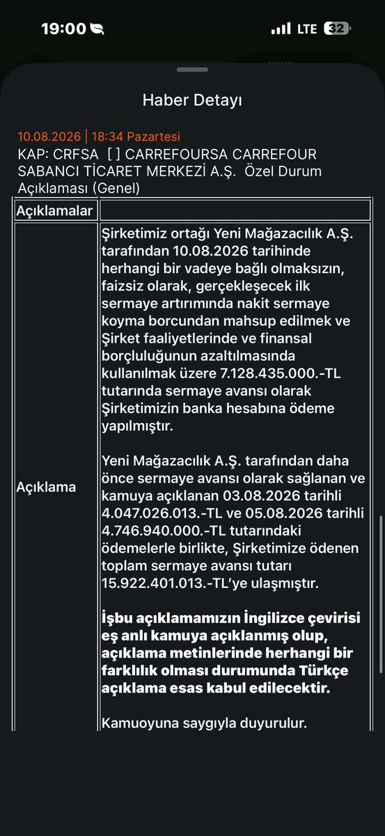 UslularSadk's tweet photo. #CRFSA 
Bu, önceki açıklamaların çok daha güçlü bir devamı.

Bugün Yeni Mağazacılık’tan 7,128 milyar TL daha sermaye avansı gelmiş. Böylece:

3 Ağustos: 4,047 milyar TL
5 Ağustos: 4,747 milyar TL
10 Ağustos: 7,128 milyar TL
TOPLAM: 15,922 milyar TL sermaye avansı

Üstelik açıklamada paranın şirketin banka hesabına ödendiği açıkça belirtiliyor. Yani niyet beyanından değil, fiilen şirkete giren yaklaşık 15,9 milyar TL’den söz ediyoruz.

Bence asıl kritik ifade şu: sermaye avansı, ileride yapılacak sermaye artırımında mahsup edilmek ve şirketin finansal borçluluğunu azaltmak/faaliyetlerini desteklemek amacıyla veriliyor.

Daha da önemlisi, 15,9 milyar TL sıradan bir finansman desteği değil. CRFSA’nın bilançosu açısından borçluluğun azaltılması, finansman giderlerinin aşağı çekilmesi ve operasyonel dönüşümün finanse edilmesi için çok ciddi bir kaynak.