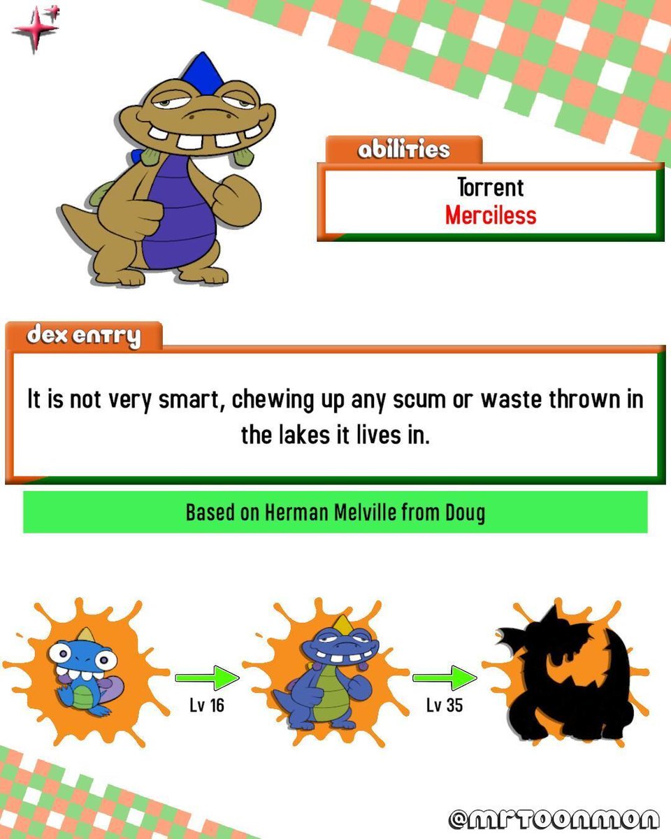 MrToonmon's tweet photo. As I said last post, it's based on Herman Melville from Doug's First Movie. Had to do very little to make him look like a Pokemon; just in the proportions. They're actually my favorite of the bunch.
#fakemon #nickelodeon https://t.co/sP86bS0GwI
