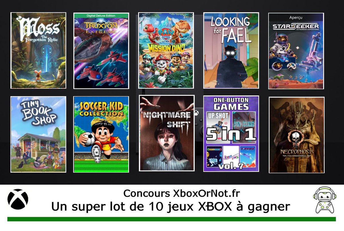 XboxOrNot's tweet photo. 🎁 Nouveau CONCOURS🎁

🎮 10 jeux Xbox à remporter 
💰 Valeur du lot : 220 €

Pour tenter ta chance :
➡️ Follow @XboxOrNot
🔁 RT ce tweet
💬 Tag un(e) pote

🗓️ Tirage au sort le 17/08

💚 Bonne chance à tous ! Et partagez un max🎉
#Concours #Giveaway #Xbox #XboxSeries https://t.co/2W3WsEXWiw