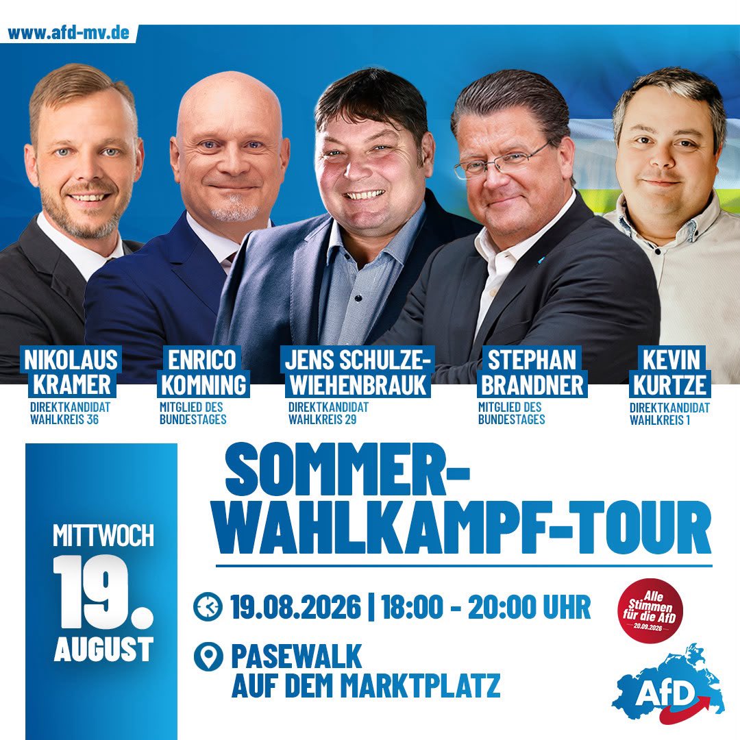 BrandnerSt's tweet photo. Mittwoch, 19. August 2026,
#Brandnerunterwegs🚙 in
👉#Greifswald
👉#Anklam
👉#Pasewalk
Kommt vorbei - wir freuen uns!
#AfD🇩🇪
#Berlin #Bundestag #Brandner https://t.co/TClgvKV3kZ