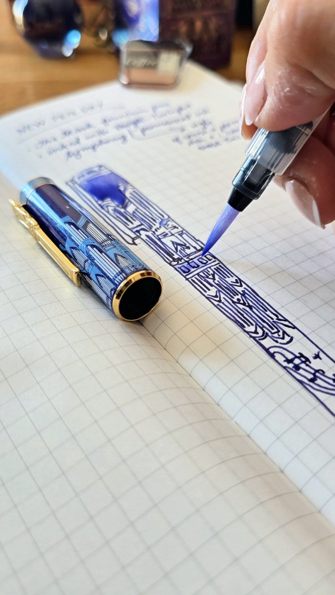 eatlogrepeat's tweet photo. New Pen from @ferriswheelpress 
A journal entry. It has a few purpose- to record my excitement (&amp; happiness) about having a new pen, 1st impressions &amp; draw the pen for visual reference. Both pen &amp; ink are called "Twilight Symphony". Use code JA-SHARINA to save. #ferriswheelpress https://t.co/uMlZAovvmW
