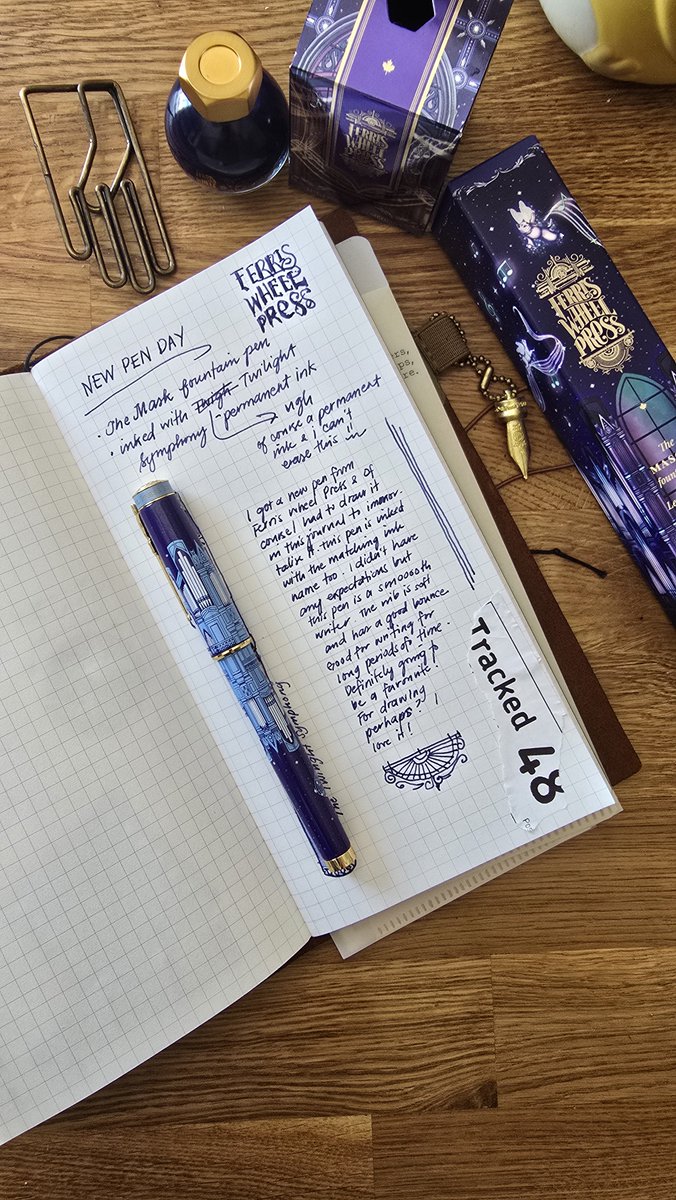 eatlogrepeat's tweet photo. New Pen from @ferriswheelpress 
A journal entry. It has a few purpose- to record my excitement (&amp; happiness) about having a new pen, 1st impressions &amp; draw the pen for visual reference. Both pen &amp; ink are called "Twilight Symphony". Use code JA-SHARINA to save. #ferriswheelpress https://t.co/uMlZAovvmW
