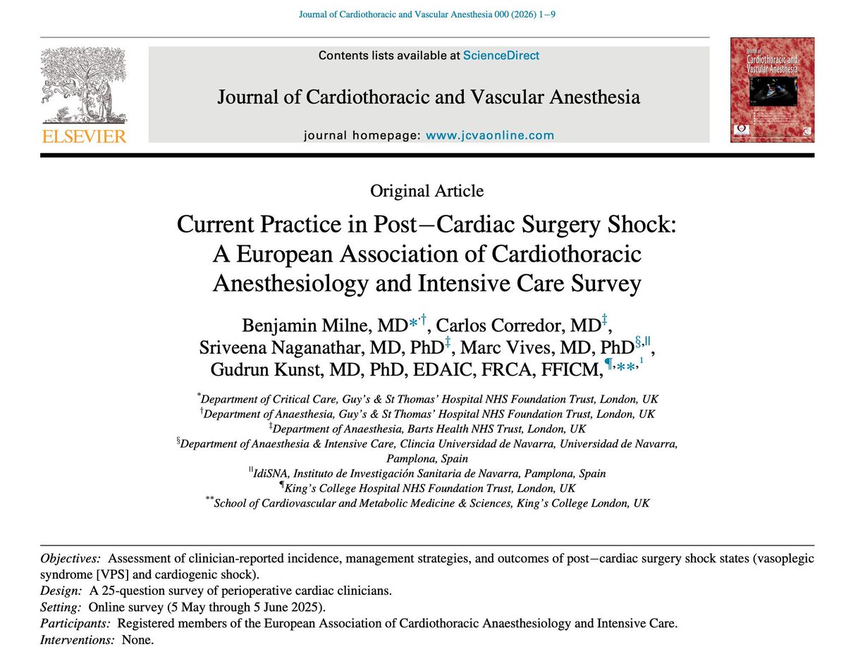 JCVAonline's tweet photo. Current Practice in Post–Cardiac Surgery Shock: A European Association of Cardiothoracic Anesthesiology and Intensive Care Survey
🫀🌍 A clear call for consensus and standardized care. Read more in JCVA.
https://t.co/yoG0AirOgK https://t.co/Cdhy3EYooB