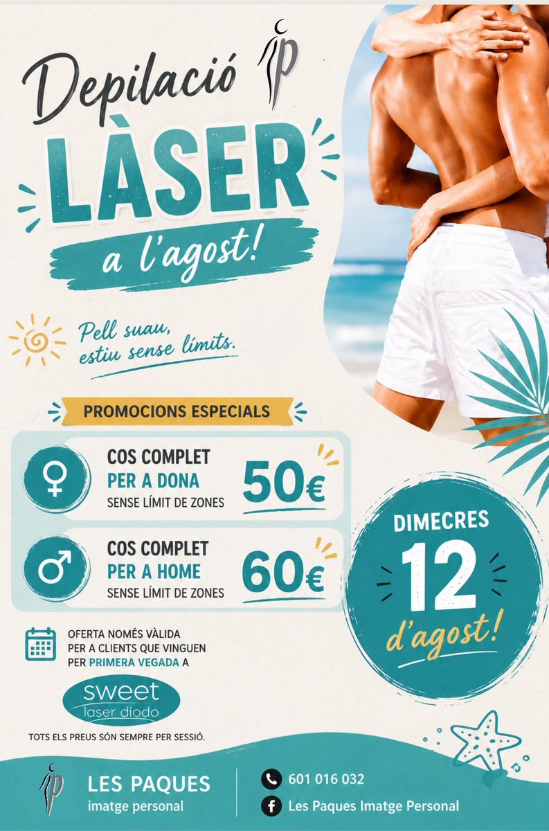 lespaques's tweet photo. 🚨 ÚLTIMES CITES DIMECRES 12! 

⏰Falten 2 DIES!

DEPILACIÓ LÀSER 🩵⚡️a 𝐋𝐞𝐬 𝐏𝐚𝐪𝐮𝐞𝐬

🚺 Cos complet dona ❌80❌→ 50 €
🚹 Cos complet home ❌90❌→ 60 €
✨ Sense límit de zones

🔥 PROMO ESPECIAL NOUS CLIENTS

Si encara no tens cita, ara és el moment! 📲 601 016 032 https://t.co/UpOhZDWGsL
