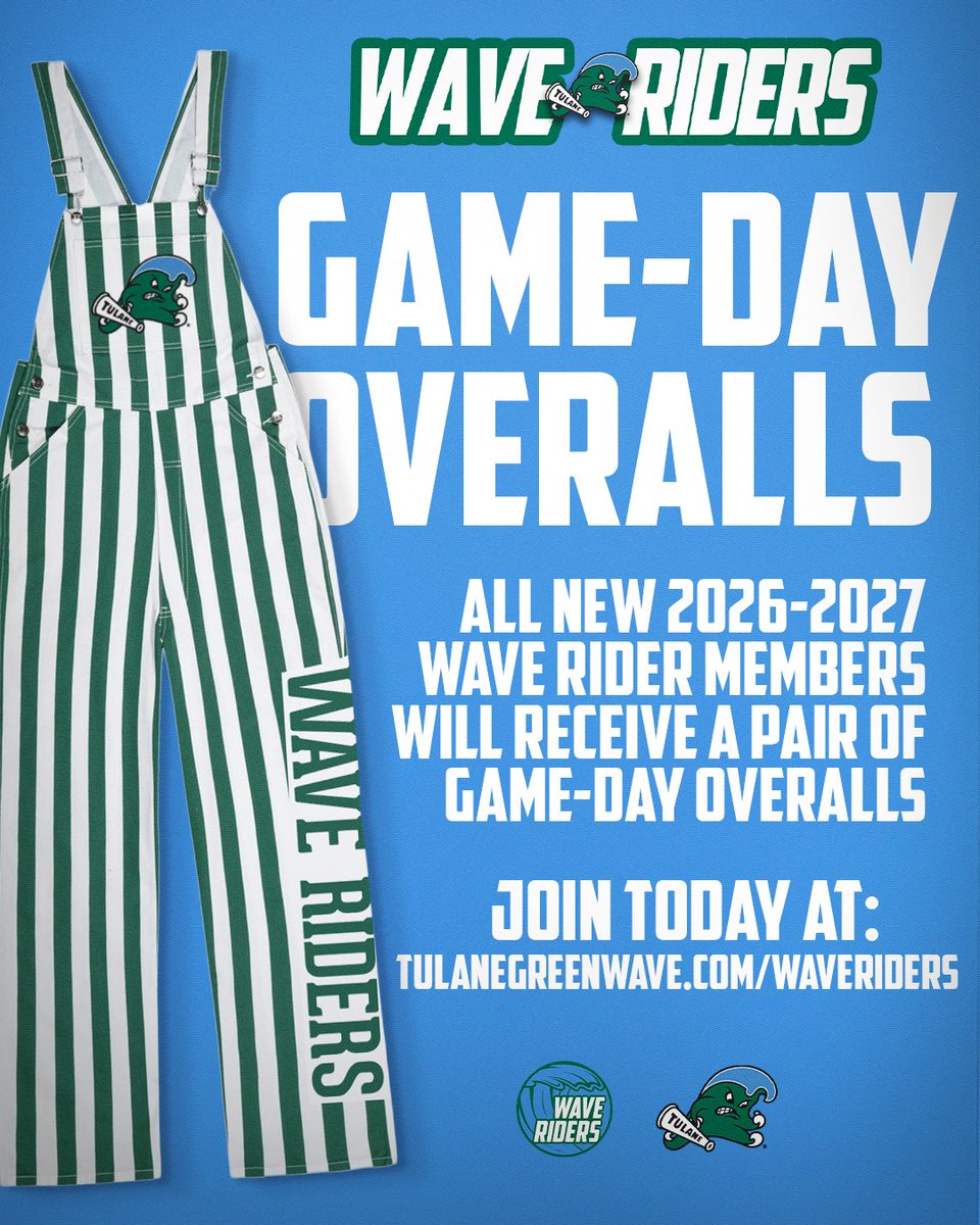 tuwaveriders's tweet photo. New Wave Rider gear 👀

All new members for 2026-27 will receive a pair of Game-Day Overalls!

Existing members will have the opportunity to purchase a pair in person at Volleyball, Football, Men’s &amp; Women's Basketball, and Baseball game days.

#RollWave🌊 https://t.co/P3Ow4n7qrs