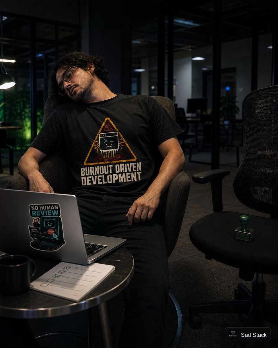 SadStackDev's tweet photo. Burnout Driven Development: when the review process is so automated the empty chair approved itself. #DevHumor #VibeCoding https://t.co/B6bQ9y5P1g