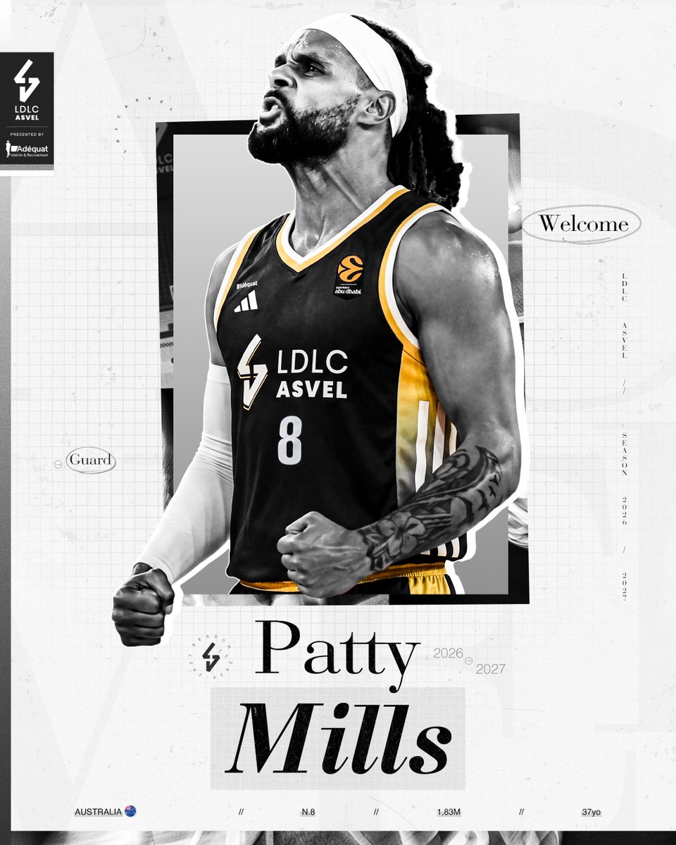 LDLCASVEL's tweet photo. Welcome Patty Mills ! 🇦🇺

LDLC ASVEL est heureux de vous annoncer la signature du meneur australien Patty Mills pour la saison 2026-2027.  
 
Champion NBA avec les San Antonio Spurs en 2014 et figure emblématique des Boomers, "FIBA Patty" apportera au collectif villeurbannais son talent, son expérience et un leadership construit au fil de près de deux décennies au plus haut niveau.

✚ d'infos : https://t.co/M0cEYQdGwh

Le recrutement 2026-2027 de LDLC ASVEL vous est présenté par notre Partenaire Premium Adéquat Intérim & Recrutement.