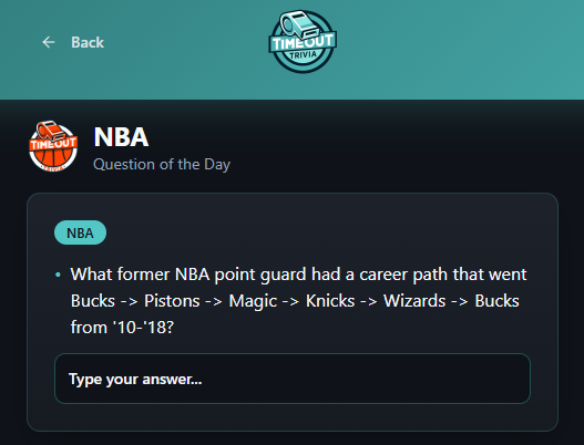 TimeoutTrivia's tweet photo. Who can get today's NBA question?

#Bucks #Pistons #Magic #Knicks #Wizards

https://t.co/Er29dLMrPV https://t.co/FdOmW64pTy