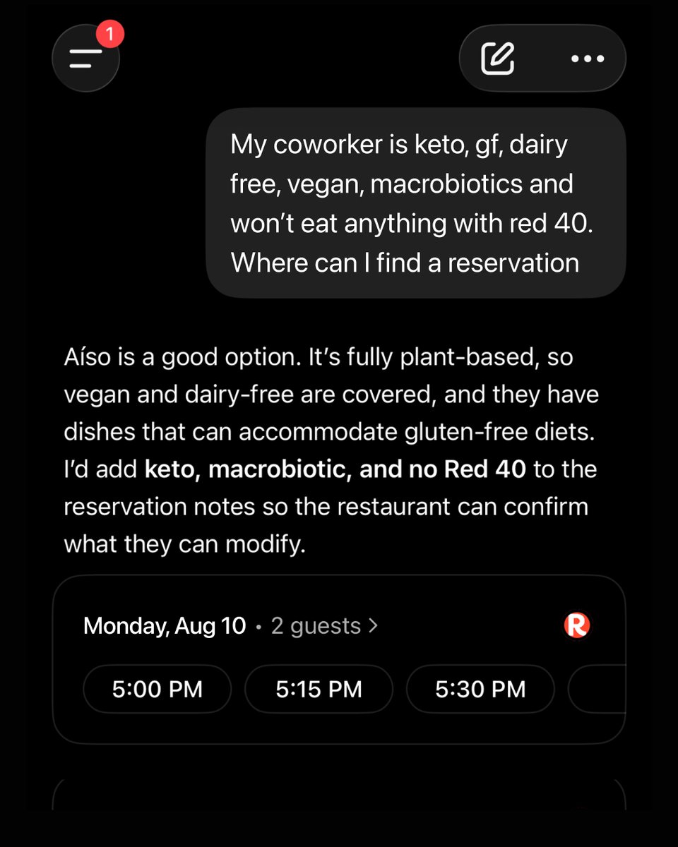 ChatGPT's tweet photo. Ask. Book. Eat. Repeat. 

ChatGPT can now help you find and book a table with @OpenTable, Resy, and @Yelp 🍽️ https://t.co/pkDLvWH6uS