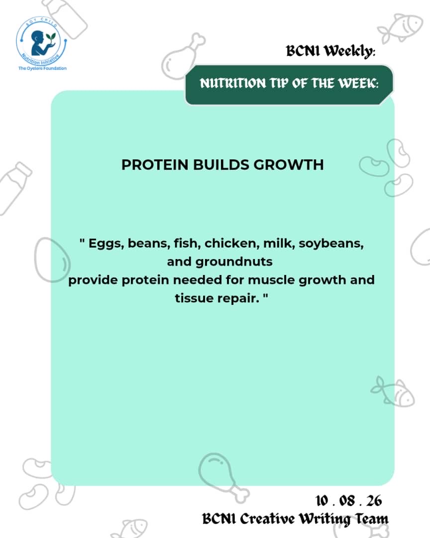 b_c_n__i's tweet photo. Protein helps children grow, develop, and build strong bodies. 💪🏽

Add eggs, beans, fish, milk, chicken or groundnuts to their meals.

This week, add a protein-rich food to at least one meal daily! 🥚🥜

#MondayNutritionTip #BCNI #BoyChildNutrition https://t.co/jv1Hu60bxb
