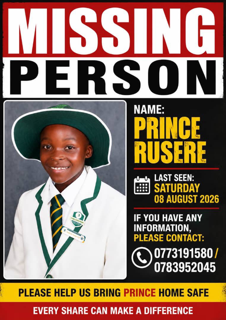 CrimeWatchZW's tweet photo. PLEASE SHARE🙏🏾 | Please help us find 12-year-old Prince Rusere from Glenview, who is a Form 1 student.

Prince was last seen on Saturday, 8 August 2026, between 4pm and 5pm. According to his family, he left home as he normally does when he goes out for a walk, but he has not returned, and his whereabouts are currently unknown.

Anyone with information that may help locate Prince is asked to contact:

📞 0773 191 580 / 0783 952 045

Please share this post widely and help bring Prince home safely.

@PoliceZimbabwe
