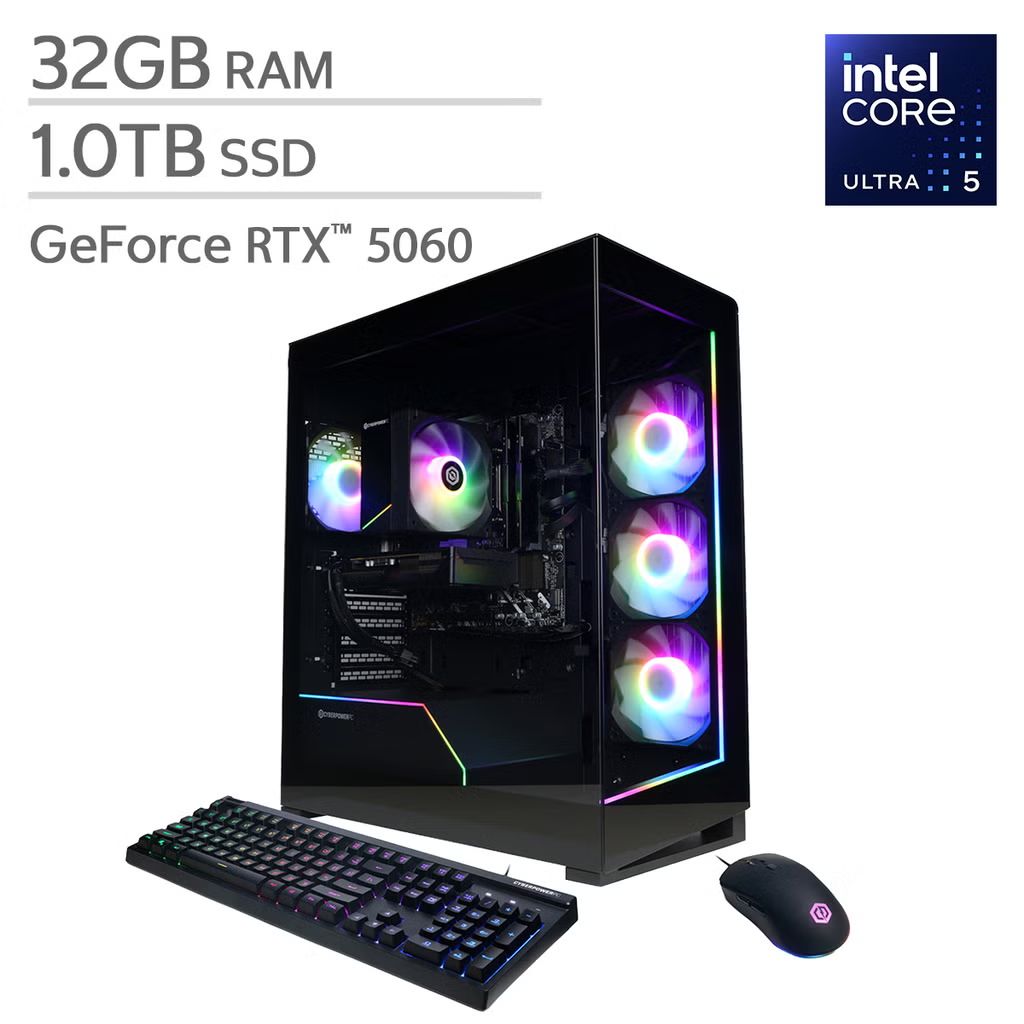 Wario64's tweet photo. CyberPowerPC Gamer Xtreme Gaming Desktop - Intel Core Ultra 5 225F - GeForce RTX 5060 - 32GB RAM - 1TB SSD - Windows 11 is $999.99 at Costco https://t.co/VFhjwHj7eD https://t.co/UsTyr6AzTW