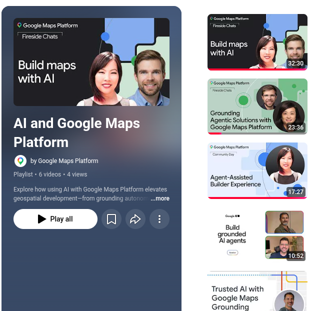GMapsPlatform's tweet photo. Our newest AI video collection for Google Maps Platform covers:

🤖 Deploying MCP servers
⚡️ Grounding autonomous agents
🧠 Building for real-world reasoning
🔧 Agent-assisted tools

and more! Dive in ➡️ https://t.co/enHYbhGRMC https://t.co/XVWLYhTo1Z