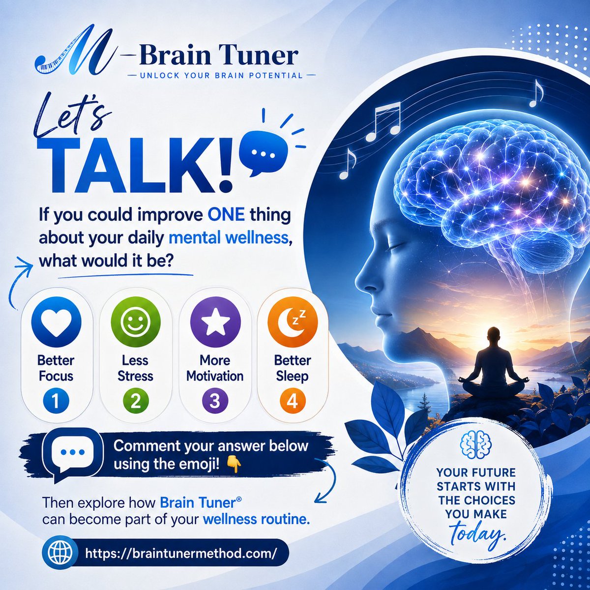 BrainTuneMethod's tweet photo. 🧠 Let's Talk!

If you could improve ONE part of your mental wellness, what would it be?

💙 Focus | 💚 Less Stress | 💜 Motivation | 🧡 Better Sleep

Comment your emoji! 👇

🌐 https://t.co/HWr7KTc3ka

#BrainTuner #BrainHealth #MentalWellness #Mindfulness #SelfCare https://t.co/77uPcqHxap