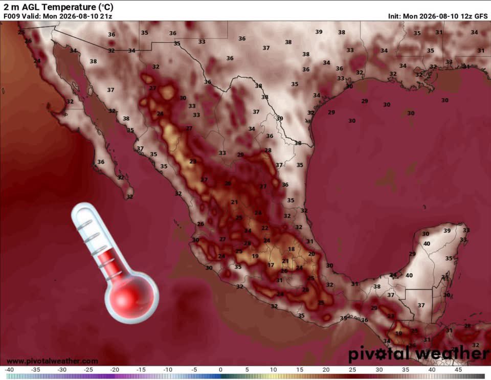 InfoMeteoro's tweet photo. ✅PRONÓSTICO LUNES 10/AGO/2026 

“Precipitaciones dispersas concentradas en la mitad occidente; calor dominará, refrescándose en zonas de lluvias…”

⛈️LLUVIAS Y TORMENTAS C/GRANIZO

🔴EVENTOS MÁS INTENSOS🔴
-Son, Sin, Dgo, Nay, Jal, Zac, Ags, Mich, Gto, Qro, EdoMex, CDMX, Gro, Ver

🟡EVENTOS AISLADOS FUERTES
-BC, BCS, Chih, Coah, NL, Tamps, SLP, Hgo, Pue, Tlax, Col, Tab, Camp, Chis, Yuc, QRoo

🌡️AMBIENTE DIURNO☀️
♨️🔥 >45ºC límites de BC-Son
🔥41-45ºC BC, Son, Sin, NL, Tamps, Mich, Tab, Camp, Yuc
🥵36-40ºC noroeste, norte, noreste, sureste
😅30-35ºC Occidente, Pacífico, oriente
😌18-29ºC Altiplano (Bajio a Valle de Mex)

⚠️🌬️RÁFAGAS DE VIENTO km/h
35-60 o mayores en zonas de tormenta