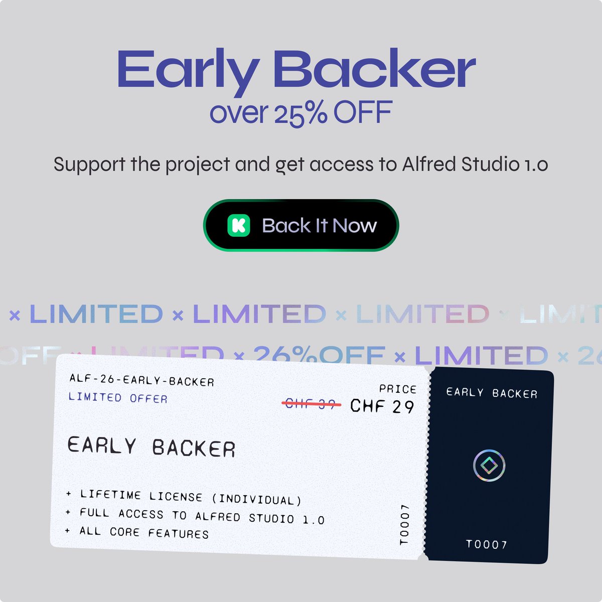 alfred_studio's tweet photo. ⏳ 24 HOURS LEFT
Get Alfred Studio for CHF 29 instead of CHF 39.

✓ Lifetime license
✓ Full access to Alfred Studio 1.0
✓ All core features

The Early Backer offer ends in 24 hours.

Make CSS animations visible.
Back Alfred Studio on Kickstarter:
https://t.co/hBwJBdyuDN https://t.co/H2ihu2feSP