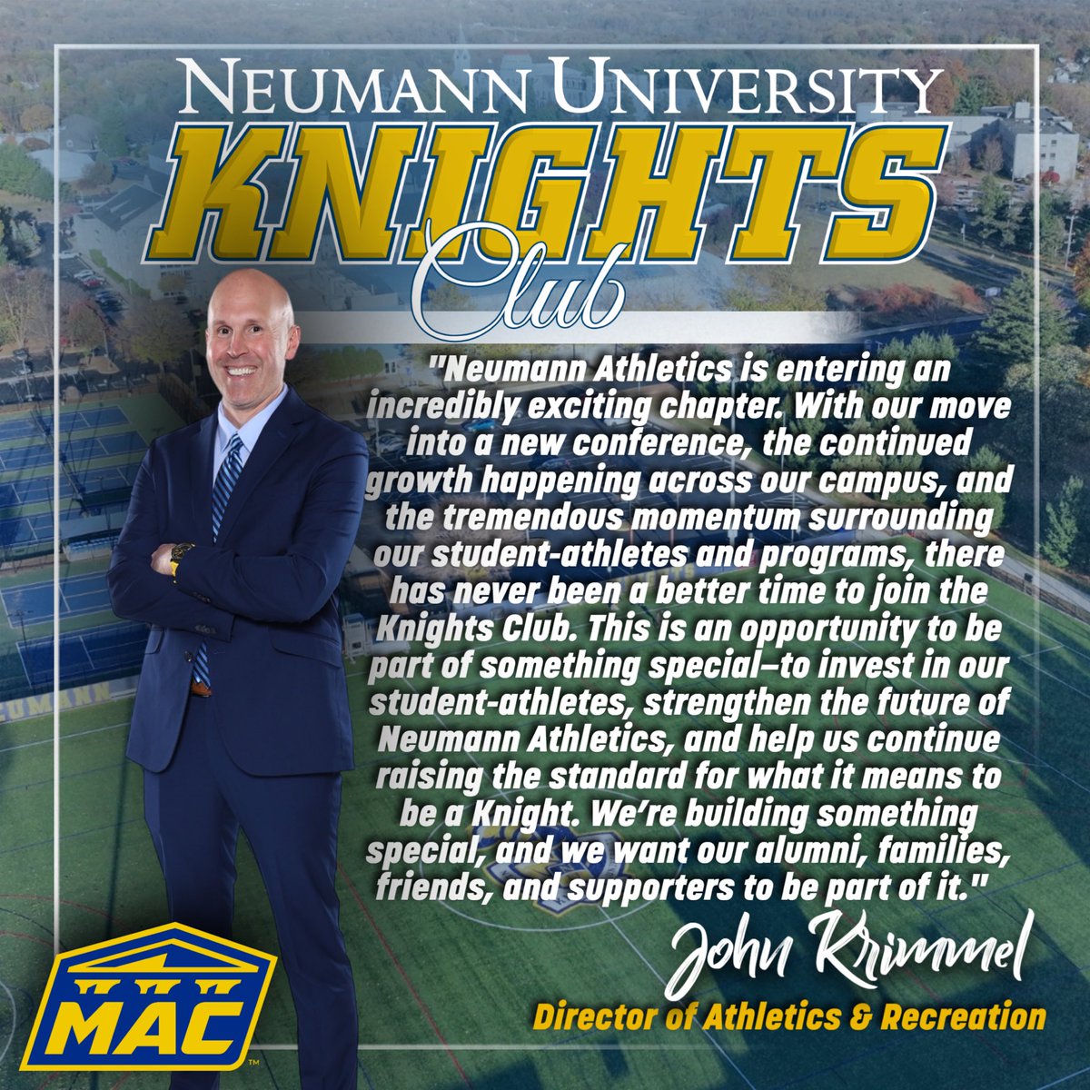 NeumannKnights's tweet photo. The time is NOW to join the Knights Club!
A new conference. 

A new era. Incredible momentum. 

Be part of something special and help us continue elevating the student-athlete experience at Neumann!

JOIN HERE: https://t.co/yWUdFJyeAm https://t.co/drZ6d5ADPj
