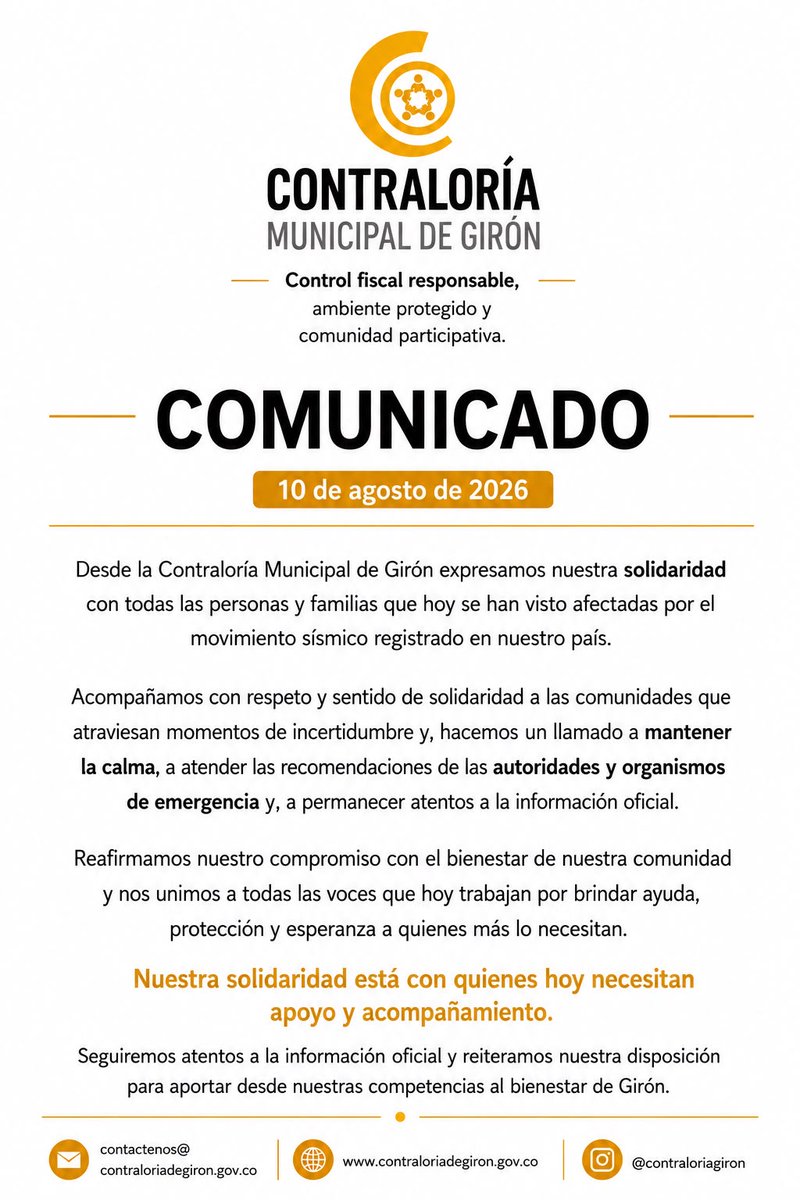 ContraloriaGrn's tweet photo. "Acompañamos con respeto y solidaridad a las comunidades afectadas por el sismo."
👇 Hacemos un llamado a:✅ Mantener la calma.✅ Seguir recomendaciones oficiales.
 #Girón 🏠#Solidaridad #ComunicadoOficial #Emergencia #Sismo  #SolidaridadSismo #MantenerLaCalma #EmergenciaColombia https://t.co/8jMErCToHX