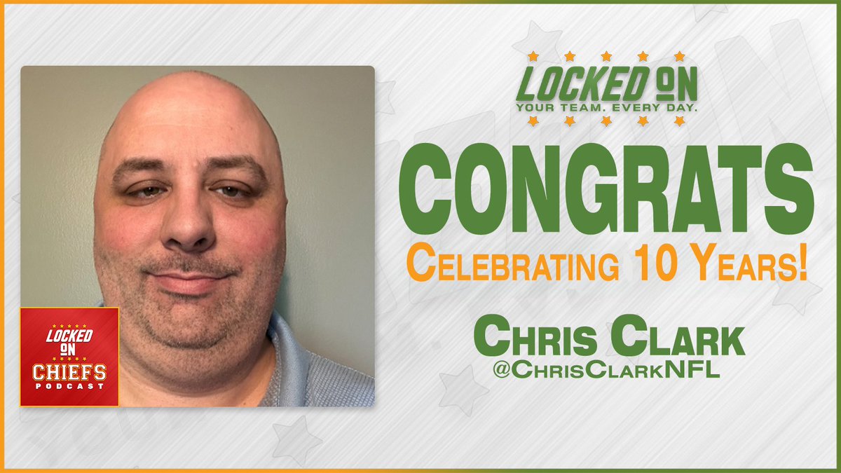 LockedOnNetwork's tweet photo. Congratulations to @LockedOnChiefs Host @ChrisClarkNFL who just hit ten years with Locked On! 🎉

📺 https://t.co/MsUYZZFmbF https://t.co/JYPqJOWLxS