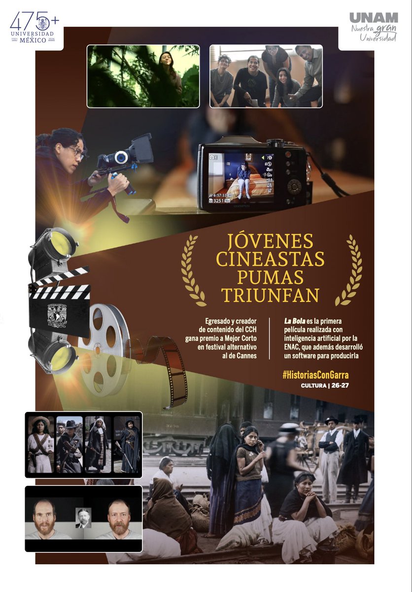 CCHUNAM's tweet photo. ¡¡¡Puro #OrgulloCCH!!! 👏🎥🎞️👏
#Contraportada @Gaceta_UNAM: Jóvenes cineastas Pumas triunfan. 🤓👏🎥🎞️👏
Alexis Hernández Peña, egresado de @cchoriente_unam, gana premio por mejor cortometraje en el World Film Festival Cannes ⬇️⬇️
https://t.co/W74GmeGdLO https://t.co/GWvEug5wui