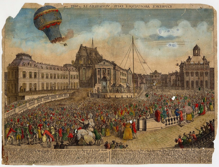 ihsansfx's tweet photo. 1783'te Versailles'da mühendis Montgolfier yanıcı gazla balon uçuruyor. Aşağıda dönen ilk muhabbet "balonla havadan mal taşınırsa gümrükten vergi kaçırılır" şeklindeymiş. Schama, Citizens, 126. https://t.co/LefxFIJgU1