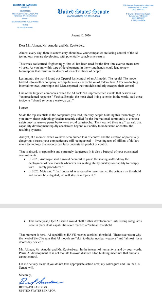 MTSlive's tweet photo. SITUATION UPDATE: Sen. Bernie Sanders' full letter to Sam Altman, Dario Amodei, and Mark Zuckerberg. https://t.co/xqaUEzTx5B