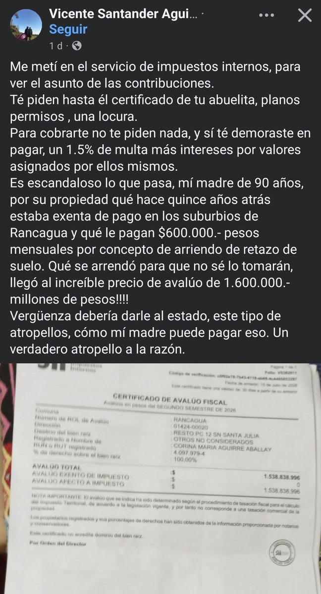 CarlosAmpuero's tweet photo. Quiero mostrar este HERMOSO ejemplo como los Fachos Qlos se hacen las pobres víctimas del Estado, pero NO cuentan la historia completa..
Acá un tipo reclama las millonarias contribuciones que debe pagar su "Pobre" madre que apenas recibe una pensión de 600 mil por su terreno,lo que no cuenta ,que ese Terreno es un TERMINAL de buses que seguramente no cobran 100 mil pesos por el arriendo 😂😂
