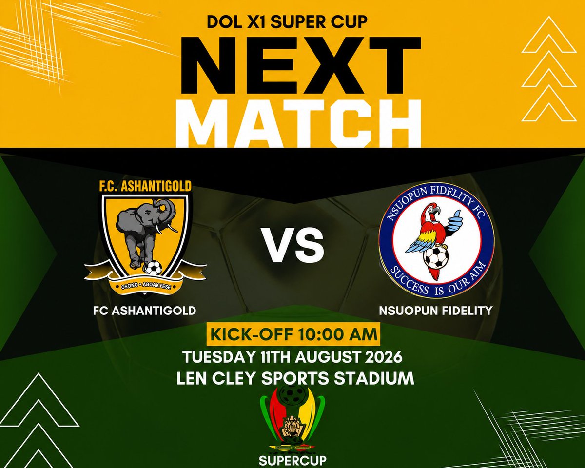 fcashantigold04's tweet photo. 🚨 NEXT MATCH! 🏆⚽

FC Ashantigold 🟡⚫ face Nsuopun Fidelity FC in the DOL X1 Super Cup! 🔥

📅 Tuesday, 11th August 2026
⏰ 10:00 AM
📍 Len Cley Sports Stadium

Come support the Miners! 💛🖤

#FCAshantigold #DOLSuperCup #Obuasi #FootballGhana https://t.co/Qsilm49H2e