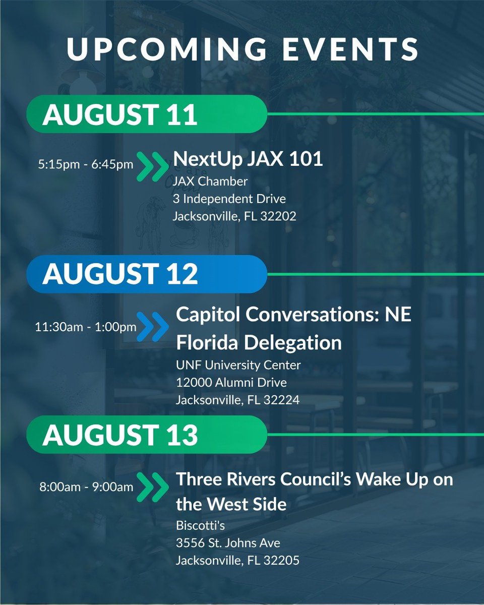 JAXChamber's tweet photo. Which of these events will you be attending this week? ⬇️

📅 August 11 - NextUp JAX 101
Time: 5:15pm - 6:45pm Sign up here: https://t.co/Ybs5YQ0wNL

📅 August 12 - Capitol Conversations: NE Florida Delegation
Time: 11:30am - 1:00pm
Sign up here: https://t.co/hWgMe0p3qa   

📅 August 13 - JAX Chamber Three Rivers Council’s Wake Up on the West Side
Time: 8:00am - 9:00am
Sign up here: https://t.co/oCRUgOFsr3

📅 August 13 - Beaches Luncheon
Time: 12:00pm - 1:30pm
Sign up here: https://t.co/yRgVkKeu6O

📅 August 13 - South Council Night of Networking at Seasons 52 Restaurant
Time: 5:00pm - 7:00pm
Sign up here: https://t.co/65SqmbFC1W

✂️ RIBBON CUTTINGS:

📅 August 11 - Wake-Up Lounge & Media Center
Time: 4:00pm

📅 August 12 - Serenus Outpatient Detox
Time: 11:00am

📅 August 13 - Seacoast Bank – Southbank
Time: 4:30pm

📅 August 14 - KAI Lagree Fitness Studio
Time: 4:30pm

Explore more events here - https://t.co/lE1D98vizw

#JAXChamber #upcomingevents #jacksonvillefl #eventsinjax