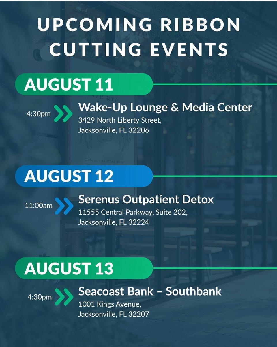JAXChamber's tweet photo. Which of these events will you be attending this week? ⬇️

📅 August 11 - NextUp JAX 101
Time: 5:15pm - 6:45pm Sign up here: https://t.co/Ybs5YQ0wNL

📅 August 12 - Capitol Conversations: NE Florida Delegation
Time: 11:30am - 1:00pm
Sign up here: https://t.co/hWgMe0p3qa   

📅 August 13 - JAX Chamber Three Rivers Council’s Wake Up on the West Side
Time: 8:00am - 9:00am
Sign up here: https://t.co/oCRUgOFsr3

📅 August 13 - Beaches Luncheon
Time: 12:00pm - 1:30pm
Sign up here: https://t.co/yRgVkKeu6O

📅 August 13 - South Council Night of Networking at Seasons 52 Restaurant
Time: 5:00pm - 7:00pm
Sign up here: https://t.co/65SqmbFC1W

✂️ RIBBON CUTTINGS:

📅 August 11 - Wake-Up Lounge & Media Center
Time: 4:00pm

📅 August 12 - Serenus Outpatient Detox
Time: 11:00am

📅 August 13 - Seacoast Bank – Southbank
Time: 4:30pm

📅 August 14 - KAI Lagree Fitness Studio
Time: 4:30pm

Explore more events here - https://t.co/lE1D98vizw

#JAXChamber #upcomingevents #jacksonvillefl #eventsinjax