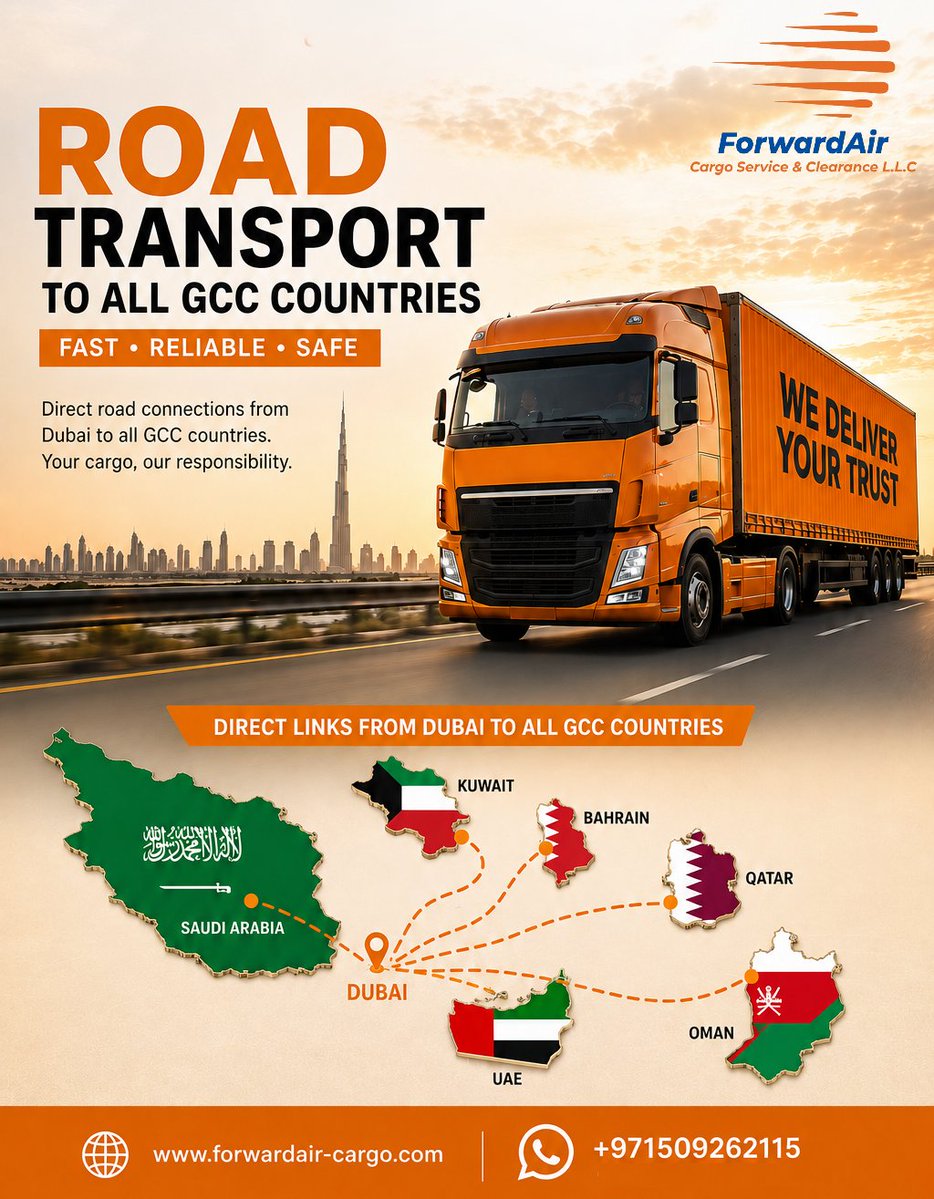 forwardairdxb's tweet photo. Land Transport from Dubai to GCC
https://t.co/xuAOcK0mrR
#LandTransport #GCCTransport #RoadFreight #RoadTransport #Saudia #Qatar #Bahrain #Kuwait #Oman
النقل البري من دبي إلى دول الخليج
#النقل_البري #الشحن_البري #الشحن_الخليجي #دبي #السعودية #قطر #البحرين #الكويت #عمان https://t.co/LWM3k3WdDa