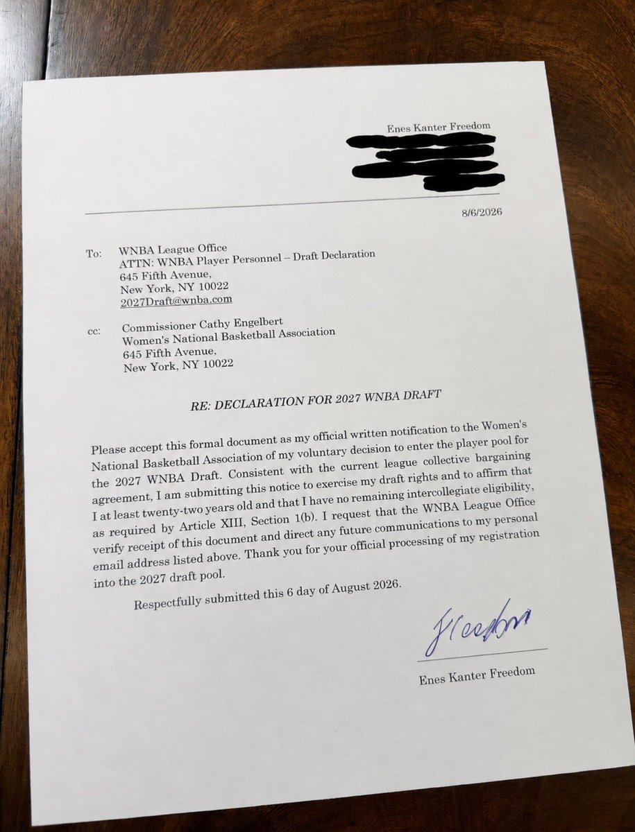 ClayTravis's tweet photo. Congrats to @EnesFreedom on officially declaring for @wnba draft via letter below. You go, girl! https://t.co/KY50a9H1Jg