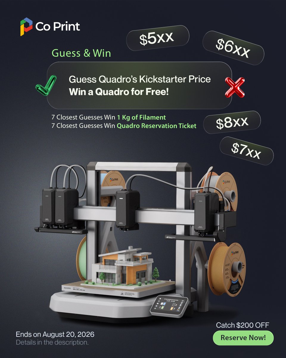CoPrint3d's tweet photo. Guess Co Print Quadro’s lowest Kickstarter price &amp; win it!

Like + comment your guess, tag 2 friends, join our Facebook Group.

Ends Aug 20.

#truemulticolor #3dprinter https://t.co/AnoqLarSy2