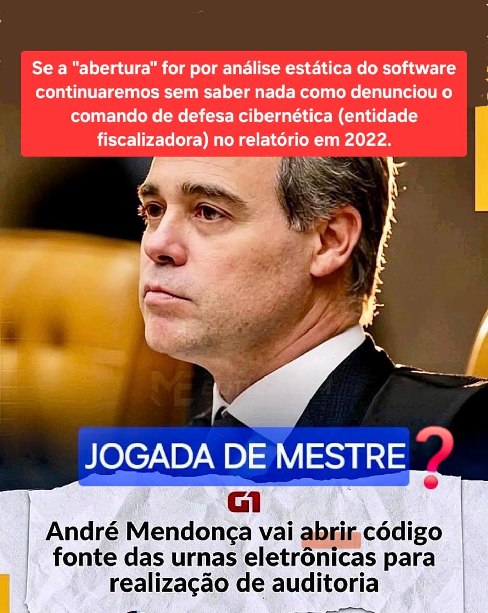 aguiar_dirce's tweet photo. Aos Ministros Kassio Nunes Marques e André Mendonça,
Presidentes e integrantes do Tribunal Superior Eleitoral:
“Exigimos, com firmeza e sem rodeios, a materialização do voto”.

O cidadão brasileiro não pode mais ser tratado como espectador do seu próprio direito. O voto é do povo. O domínio sobre o voto tem de ser direto, físico, auditável e público. Não é favor. É direito.

A Lei 9.504/97 é clara:
O sistema eletrônico é a regra geral (art. 59).
Os artigos 83 a 89 preveem o sistema convencional — cédulas de papel — e só podem ser aplicados se o Tribunal Superior Eleitoral autorizar excepcionalmente.

Pois bem. Está na hora de o TSE cumprir seu dever constitucional e autorizar o excepcional. Porque “o que está em jogo não é comodidade técnica. É segurança nacional”.

As urnas eletrônicas apresentam vulnerabilidade grave à segurança nacional — e essa vulnerabilidade se manifesta simultaneamente em todas as regiões do país. 

Não é teoria. Não é paranoia. É fato que exige resposta institucional séria.
Não basta “confiar”. O povo precisa ver. Contar. Conferir. Fiscalizar com os próprios olhos. 

A contagem pública dos votos é o mínimo civilizatório em qualquer democracia que se preze.

Ministros Kassio Nunes Marques e André Mendonça:

🔰Exigimos a materialização do voto.

🔰Exigimos que o cidadão tenha domínio direto sobre o seu voto.

🔰 Exigimos contagem pública, transparente e auditável.

O silêncio institucional diante dessa vulnerabilidade é inaceitável.

A omissão é cúmplice.
A hora de decidir é agora.

🔰 O voto é do povo.
Devolvei o poder ao povo.

👇Demais postagens nos comentários 

@TSEjusbr 
@nunesmarquesk 
@MinAMendonca 
@plnacional_ 
@Alfredogaspar_ 
@pfigueiredo08 
@canaltltvamericana 

To Justices Kassio Nunes Marques and André Mendonça,
Presidents and members of the Superior Electoral Court:
“We demand, firmly and unequivocally, the materialization of the vote.”

Brazilian citizens can no longer be treated as mere spectators of their own right. The vote belongs to the people. Control over the vote must be direct, physical, auditable, and public. It is not a favor; it is a right.

Law 9.504/97 is clear:
The electronic system is the general rule (Art. 59).
Articles 83 through 89 provide for the conventional system—paper ballots—and may only be applied if the Superior Electoral Court specifically authorizes it.

Well then. It is time for the TSE to fulfill its constitutional duty and authorize the exceptional measure. Because "what is at stake is not technical convenience. It is national security."

Electronic voting machines present a serious vulnerability regarding national security—and this vulnerability manifests simultaneously across all regions of the country.

It is not a theory. It is not paranoia. It is a fact that demands a serious institutional response.
"Trusting" is not enough. The people need to see. To count. To verify. To oversee with their own eyes.

The public counting of votes is a basic standard of civilization in any self-respecting democracy.

Justices Kassio Nunes Marques and André Mendonça:

🔰We demand the materialization of the vote.

🔰We demand that citizens have direct control over their vote.

🔰We demand a public, transparent, and auditable count.

Institutional silence in the face of this vulnerability is unacceptable.

Omission is complicity.
The time to decide is now.

🔰The vote belongs to the people.
Return power to the people.

👇Further posts in the 
comments