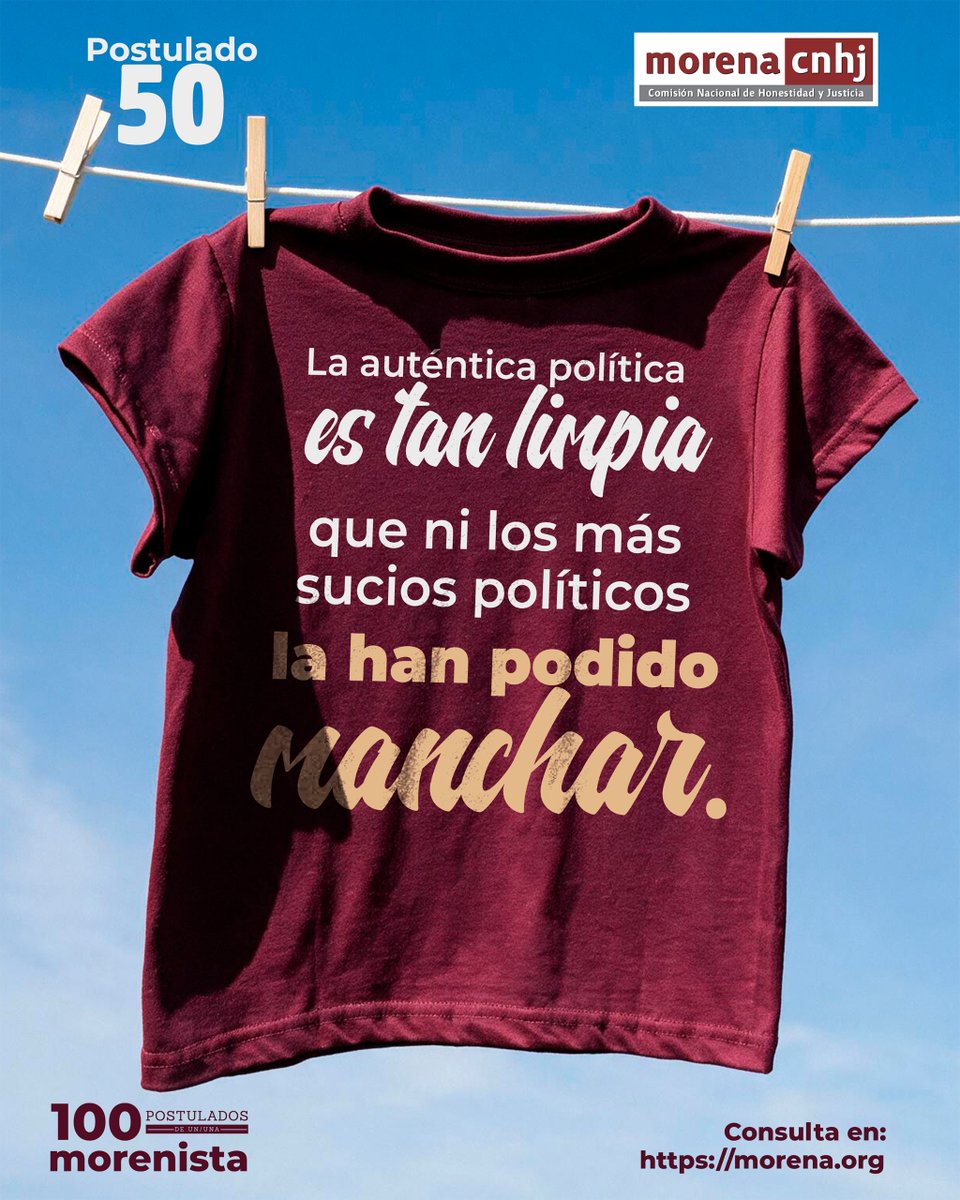 CNHJ_Morena's tweet photo. La búsqueda del bien común y la construcción de una sociedad justa son ideales intactos.

Que a las y los Protagonistas del cambio verdadero no los mueva la ambición al dinero, ni el poder para beneficio propio; -Artículo 3° inciso b). https://t.co/TOsGohnENo