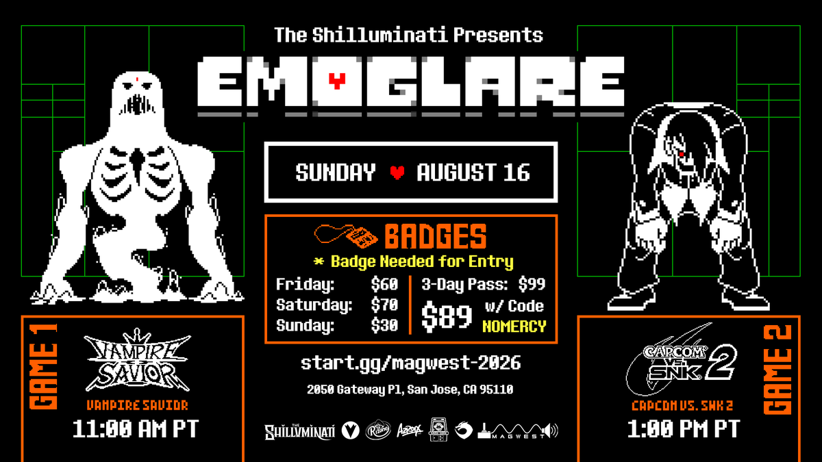 superloreboys's tweet photo. The Shilluminati presents EMOGLARE, featuring tournaments for Vampire Savior and Capcom vs. SNK 2 at MAGWest on Aug 16. 

Whether your scene is LAN, tabletop, or console gaming, come jam with us for some legacy fighting game lore played on real arcades!

https://t.co/eR957izgXE https://t.co/5umTj7ziHL