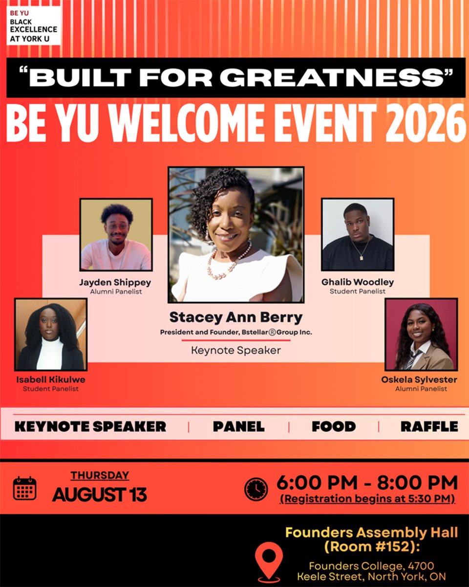 YorkULAPS's tweet photo. An evening dedicated to celebrating our Black student community ❤️ On August 13, Black Excellence at York University hosts its 6th Annual Welcome Event!

Register here 🔗 https://t.co/T3jrEBdg0D

This year’s theme is "Built for Greatness" ✨ https://t.co/i5QHX4gYcW