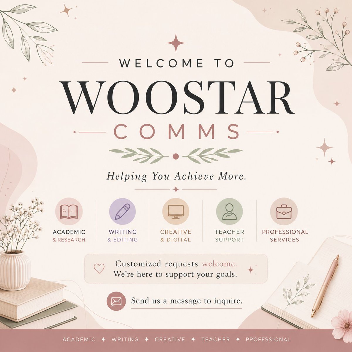 woostarcomms's tweet photo. 🌷 Meet WOOSTAR COMMS.

A support hub for students, educators, researchers, professionals, and creatives.

📚 Academic &amp; Research
✍️ Writing &amp; Editing
🎨 Creative &amp; Digital
👩‍🏫 Educational Support
💼 Professional Services

Helping You Achieve More. ✨

#WOOSTARCOMMS 
#Acads
#Help https://t.co/5glu1SHayn