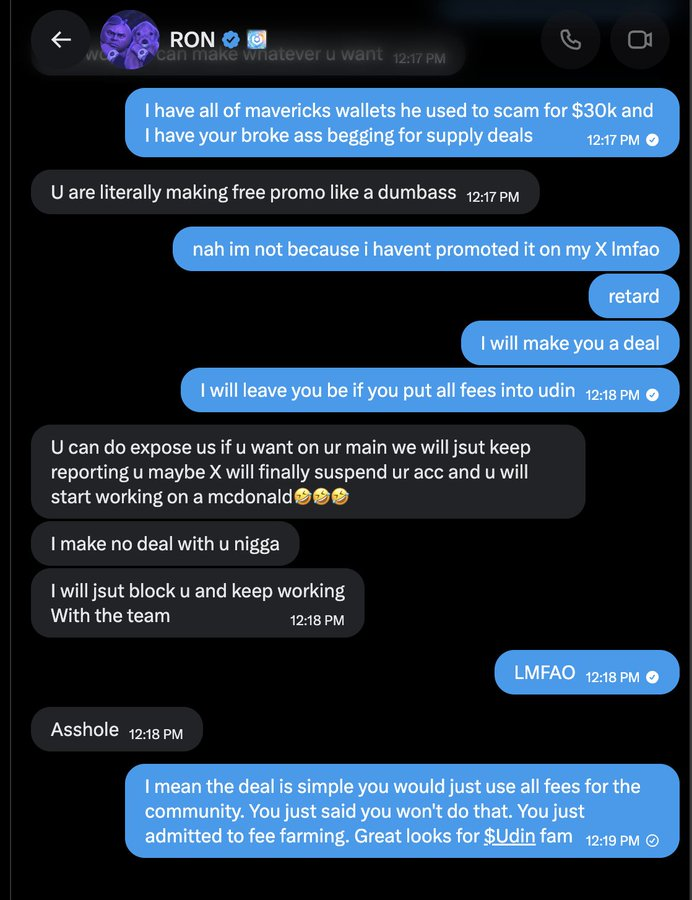 YogiDyor's tweet photo. Your @ should be @RonPullsRugs

There is proof that you admitted to using $UDIN to fee farm the community. 

There is wallet proof of @Maverickdotsol stealing over $30,000 in fees for himself 

There is also proof of you begging Manic for supply deals because money is tight.

It would make sense for you to fee farm 

You are a broke scammer fam.