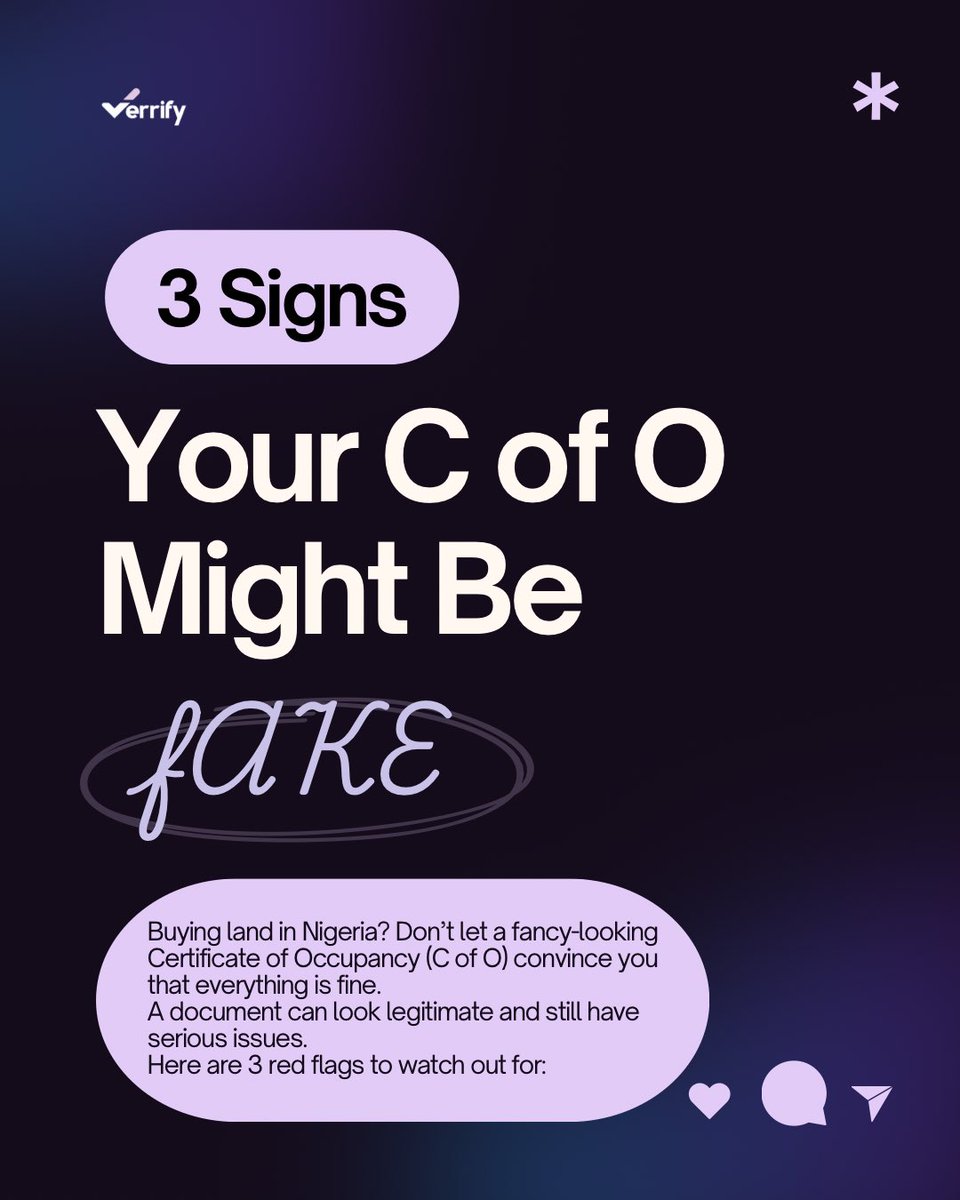 Verrify_'s tweet photo. 🚨 That C of O could look real and still be fake.

A forged or altered C of O can put your entire property investment at risk.

Don’t just look at the document. Verify it.

With Verrify, you can verify property documents and spot potential red flags before you commit your money. https://t.co/M6OntFCj6J