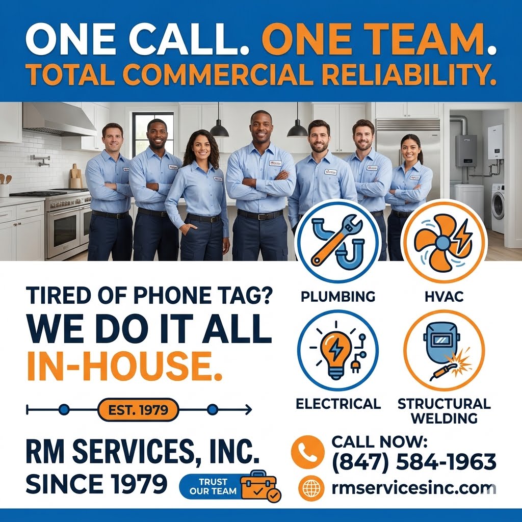 CommercialRepa3's tweet photo. Tired of playing phone tag with three different companies for one commercial repair job? RM Services, Inc. does it all in-house. Trust our team for commercial plumbing, HVAC, electrical, &amp; structural welding since 1979. 🛠️⚡
📞 (847) 584-1963
🌐 https://t.co/Y8u8yEFWEY https://t.co/croAsoyk8B