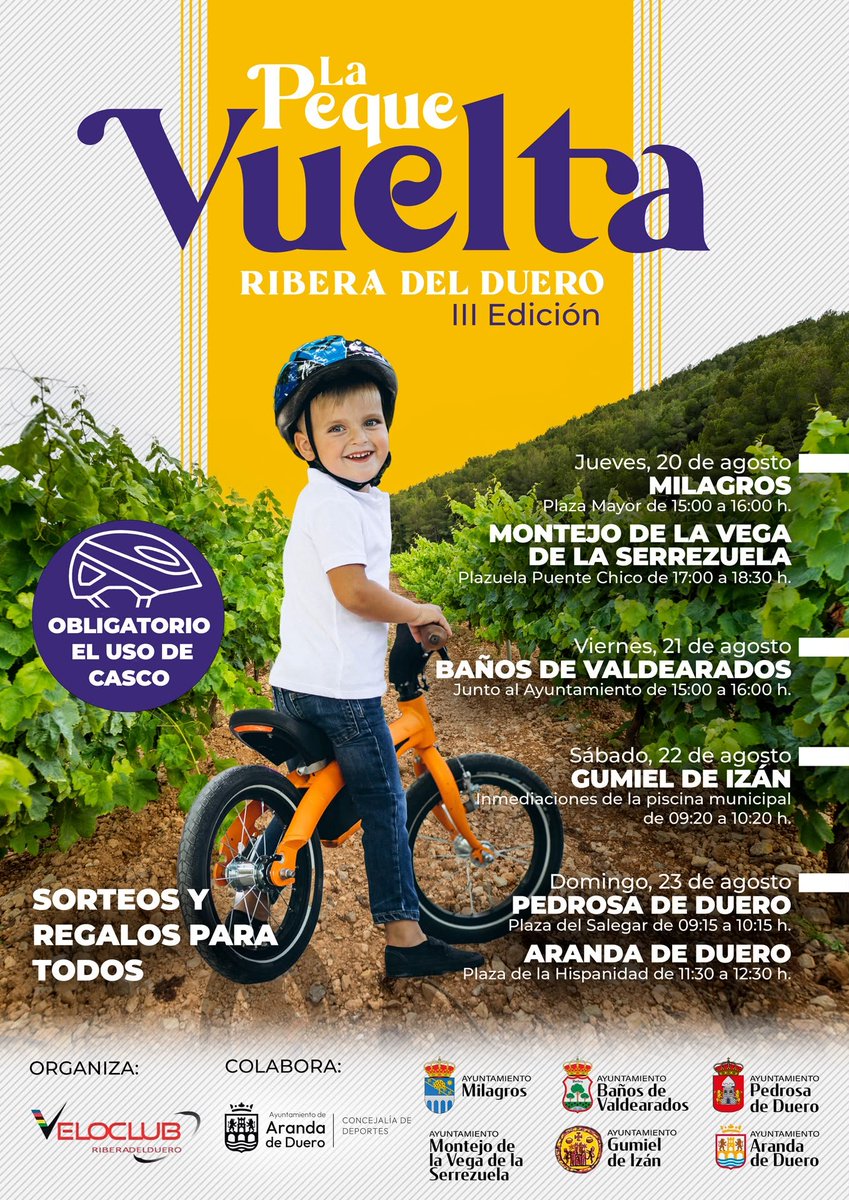 VueltaRibera's tweet photo. 🚴🏻‍♂️ X VUELTA RIBERA DEL DUERO 

🟡 La III Peque Vuelta regresa en la X edición de Vuelta Internacional Júnior Ribera del Duero (20-23 agosto)

🟣 Actividades para niños y niñas en las salidas y llegadas de las 4️⃣ etapas de la ronda @uci_cycling

🟡🟣 #VueltaRibera2026 🟣🟡 https://t.co/t241NqjQb6